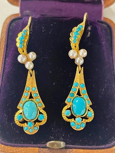 Boucles d'oreilles Pendants d'Oreilles Or, Turquoises Et Perles 58 Facettes