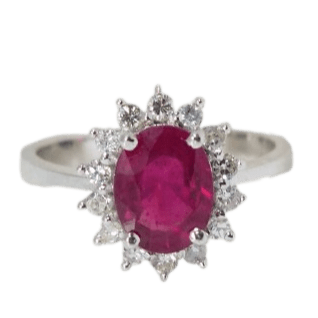 Bague 54.5 Bague marguerite en or blanc, rubis ovale et diamants 58 Facettes F4948