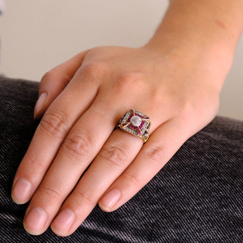 Bague 51 Bague Art Déco Diamant taille coussin Rubis 58 Facettes
