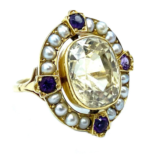 Bague Bague 19ème or saphir jaune, améthystes et perles fines 58 Facettes