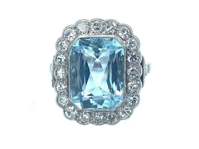 Bague Bague Belle Époque platine, aigue-marine et diamants 58 Facettes