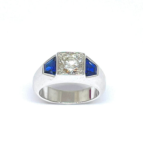 Bague Chevalière or blanc diamant 0,92 carat saphirs synthétiques 58 Facettes