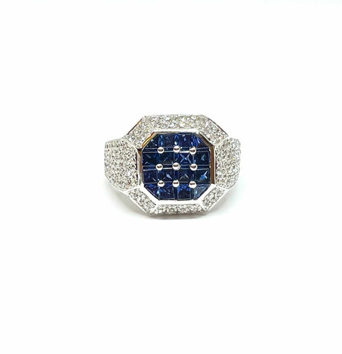 Bague Chevalière or blanc saphirs calibrés et diamants 58 Facettes