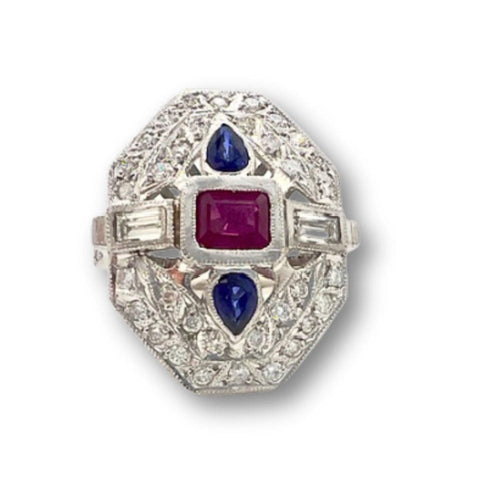 Bague 57.5 Bague de style Art Déco en platine 950 avec saphirs et rubis 58 Facettes Q11B