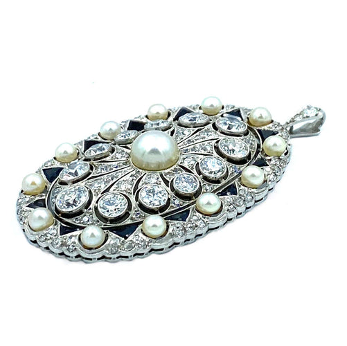 Pendentif Pendentif Belle-Epoque or blanc, platine, diamants, saphirs et perles 58 Facettes