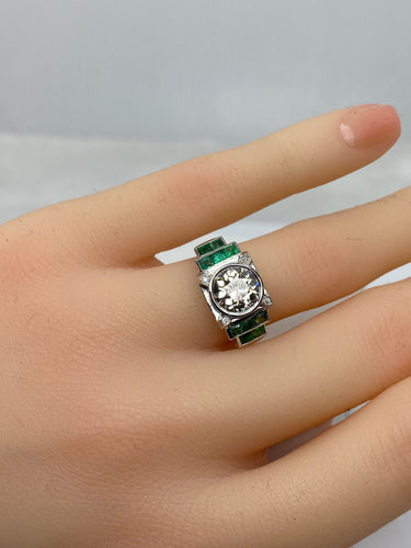 Bague 52 Bague Art Déco Platine, Diamant 1,55cts et Emeraudes 58 Facettes