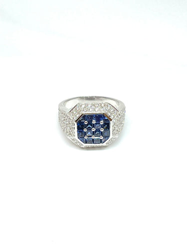 Bague Chevalière or blanc saphirs calibrés et diamants 58 Facettes
