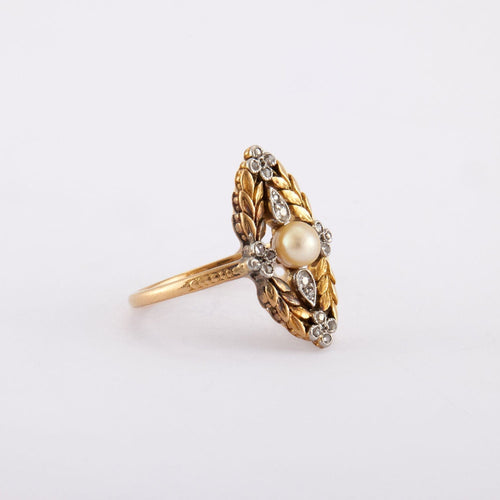 Bague Bague marquise, perle blanche, diamants 58 Facettes