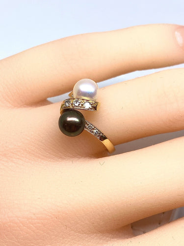 Bague 50.5 Bague en or jaune 18 carats, perle de Tahiti, perle de culture blanche et diamants 58 Facettes AB264