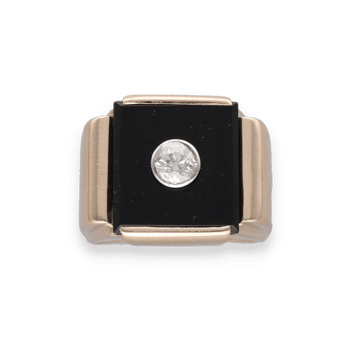 Bague 53 Bague Chevalière Diamant, Onyx & Or Rose 58 Facettes