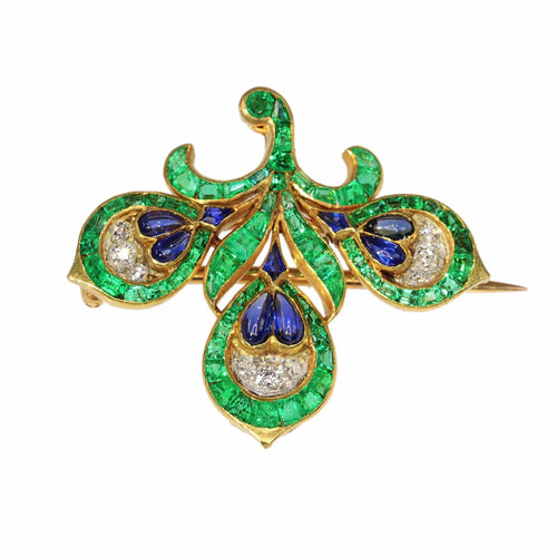 Broche Broche Fleur de Lys Antique Français, Essence Verte Intense (émeraudes, saphirs, diamants) 58 Facettes 23167-0365