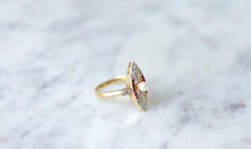 Bague Bague Marquise Art Deco perle, diamants 58 Facettes