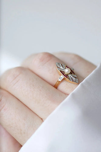 Bague Bague Marquise Art Deco perle, diamants 58 Facettes