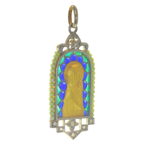 Pendentif Médaille Marie vintage Diamants et émail plique-à-jour 58 Facettes 23191-0420