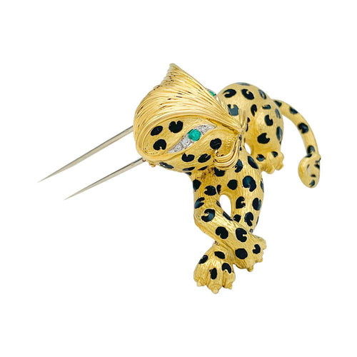 Broche Broche Fred "Léopard" en or jaune, diamants, émail et émeraudes. 58 Facettes 32381