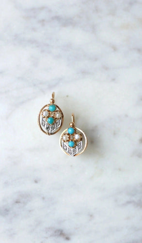 Boucles d'oreilles Dormeuses or rose, perles, turquoises et diamants 58 Facettes
