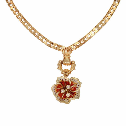 Collier Collier ancien en or et sa fleur émaillée et diamantée 58 Facettes CVCO12
