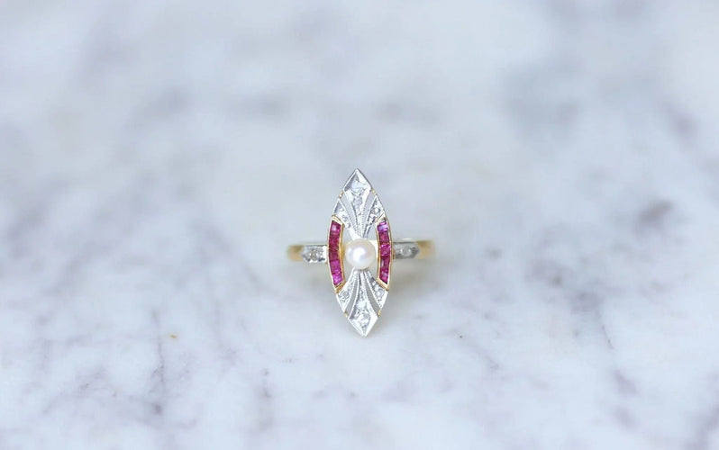 Bague Bague Marquise Art Deco perle, diamants 58 Facettes
