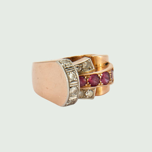Bague Bague design rétro des années 1940-45 en or 18 kt avec diamants et corindon rubis 58 Facettes A2530 (793)