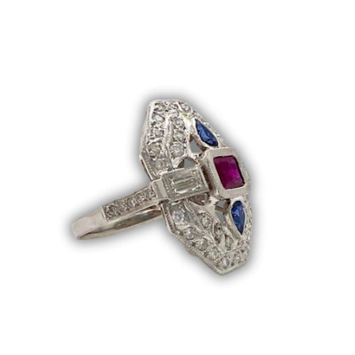 Bague 57.5 Bague de style Art Déco en platine 950 avec saphirs et rubis 58 Facettes Q11B
