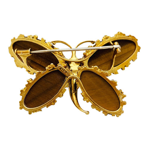 Broche Broche Papillon Fred, or jaune, corail, diamants et oeil de tigre. 58 Facettes 30760