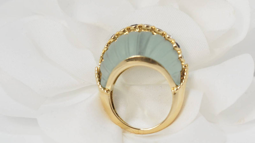 Bague 51 Bague jonc en or jaune  saphirs et diamants sur quartz vert 58 Facettes 30973