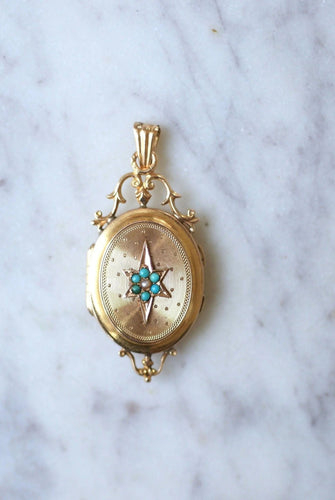 Pendentif Médaillon étoile or rose et turquoises 58 Facettes