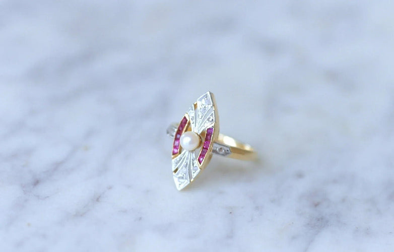 Bague Bague Marquise Art Deco perle, diamants 58 Facettes