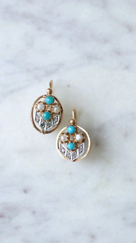 Boucles d'oreilles Dormeuses or rose, perles, turquoises et diamants 58 Facettes