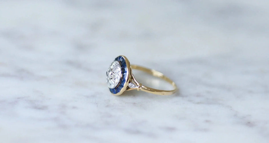 Bague Bague cible Art Déco Or jaune Platine Diamants Saphirs 58 Facettes