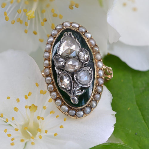 Bague 52 Bague ancienne diamants émail vert en marquise 58 Facettes 22-073
