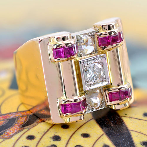 Bague 62 Bague tank géométrique diamants et rubis 58 Facettes 22-093