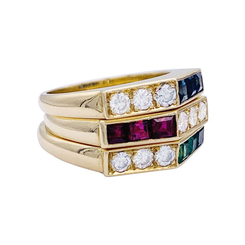 Bague 50 Ensemble de 3 bagues, or jaune, saphirs, rubis, émeraudes, diamants. 58 Facettes 32922