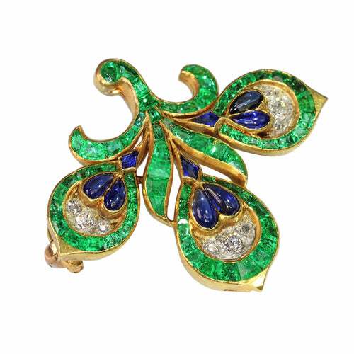 Broche Broche Fleur de Lys Antique Français, Essence Verte Intense (émeraudes, saphirs, diamants) 58 Facettes 23167-0365