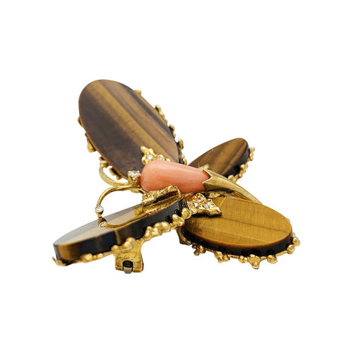 Broche Broche Papillon Fred, or jaune, corail, diamants et oeil de tigre. 58 Facettes 30760