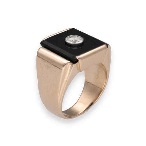 Bague 53 Bague Chevalière Diamant, Onyx & Or Rose 58 Facettes