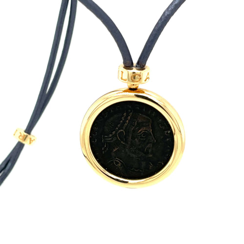 Pendentif Collier pendentif Bulgari Monete Constantinus Coin dentelle noire en or jaune 58 Facettes