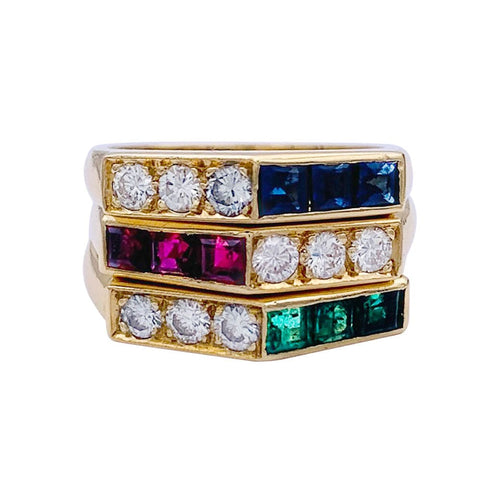 Bague 50 Ensemble de 3 bagues, or jaune, saphirs, rubis, émeraudes, diamants. 58 Facettes 32922