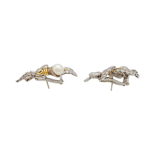 Boucles d'oreilles Boucles d'oreilles "Feuillage" bicolore, diamants et perles. 58 Facettes 31178