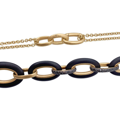 Collier Sautoir Pomellato "Victoria" or rose, diamants noirs, jais. 58 Facettes 33419