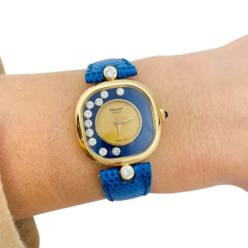 Montre Montre Chopard "Happy Diamonds" en or jaune, lapis lazuli, diamants, cuir. 58 Facettes 31222
