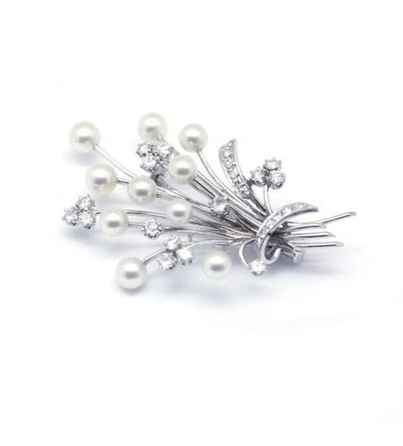 Broche Blanc/Gris / Or 750 Broche gerbe de fleurs diamants et perles 58 Facettes 190140R