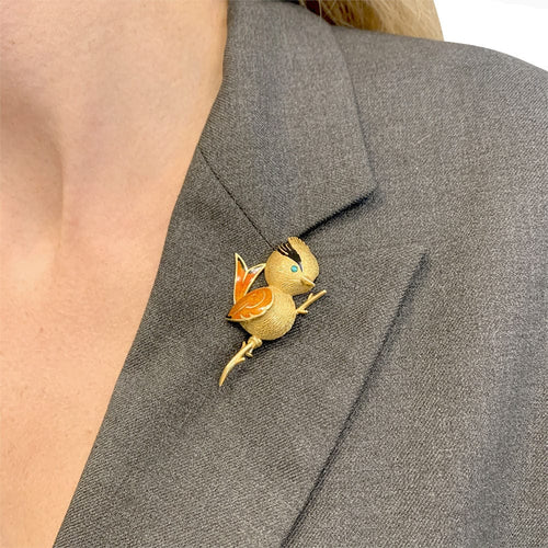 Broche Broche "Oiseau Huppé" or jaune, émeraude, émail. 58 Facettes 31613