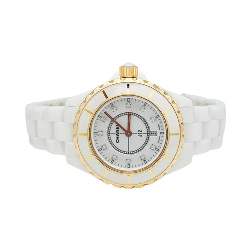 Montre Montre Chanel J12, céramique blanche, or rose et diamants. 58 Facettes 31738