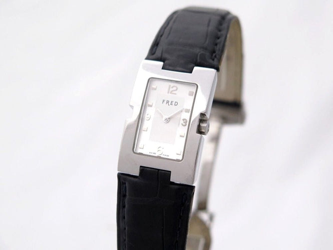 Montre montre FRED r12 100 quartz 30 mm en acier palladie & cuir croco 58 Facettes 241316