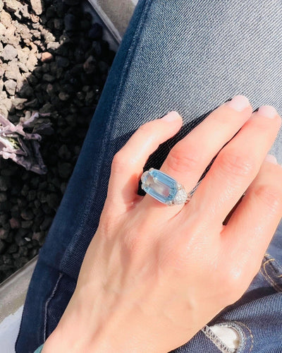 Bague Bague or gris aigue marine et diamants 58 Facettes