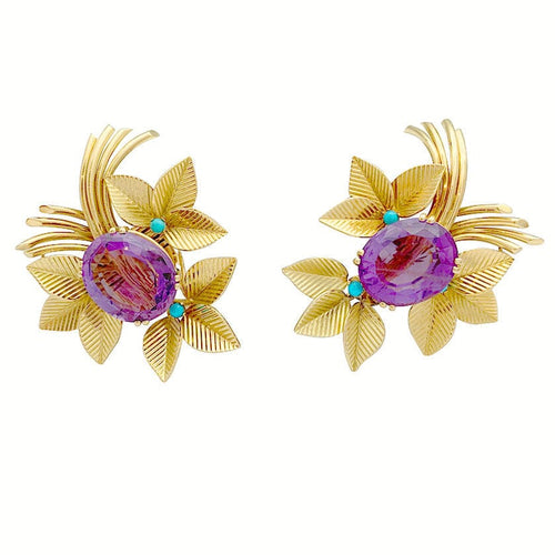 Boucles d'oreilles Boucles d'oreilles vintages, or jaune, améthystes, turquoises. 58 Facettes 31336