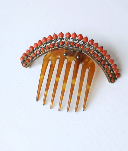 Accessoire Peigne à cheveux, diadème ancien, en corne et corail, sur argent vermeillé 58 Facettes