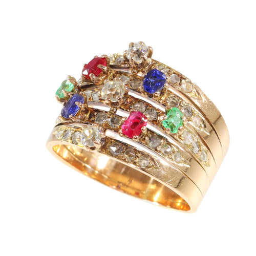 Bague 59 Une bague victorienne en pierres précieuses vieille de 140 ans - saphirs, rubis, émeraudes 58 Facettes 23360-0334