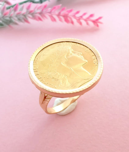 Bague Bague pièce 20 Francs Marianne coq 1907 or jaune 58 Facettes AA 1565